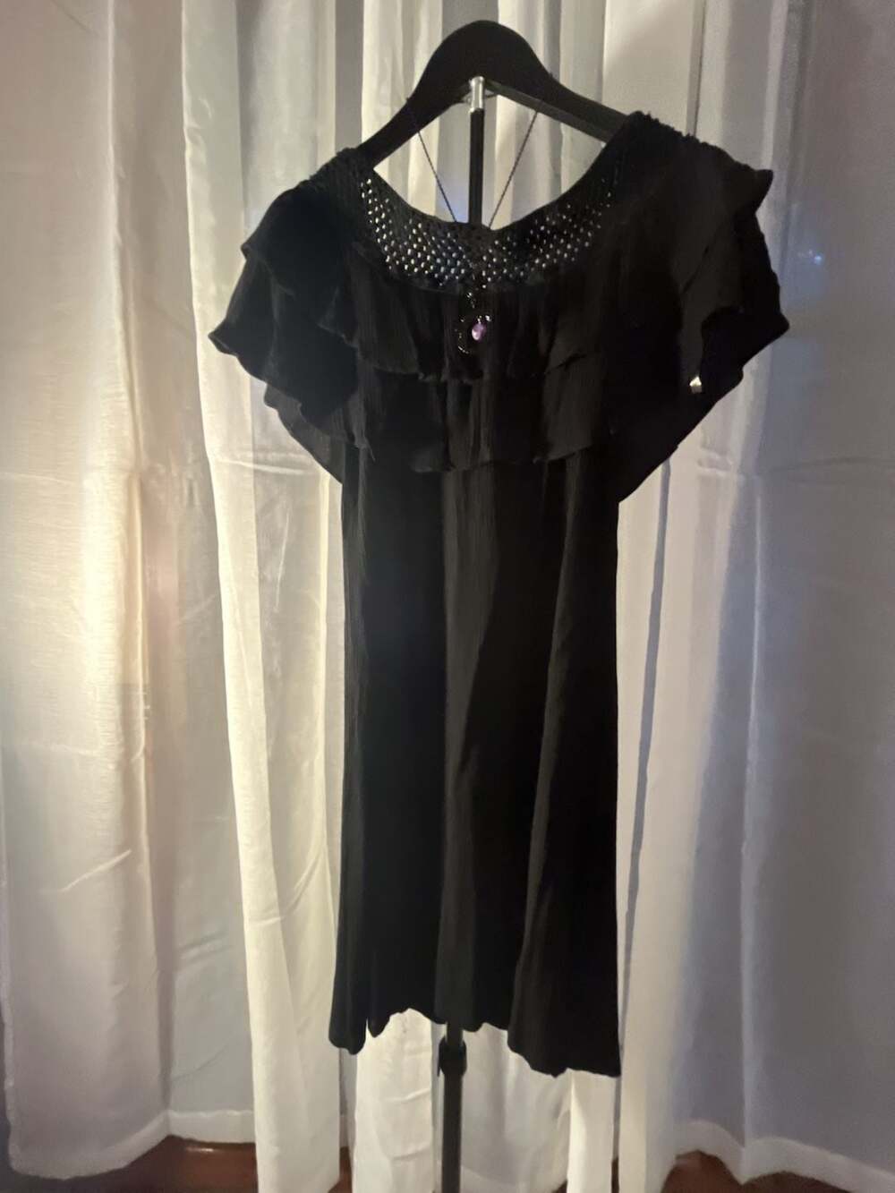 MSK Womens Black Off-the-Shoulder Crochet Ruffle Dress Size M